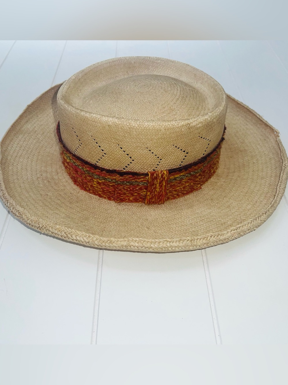 Colon Panama Straw Boater Handwoven Vintage Aldao Boho Hat Fedora Gambler Sun